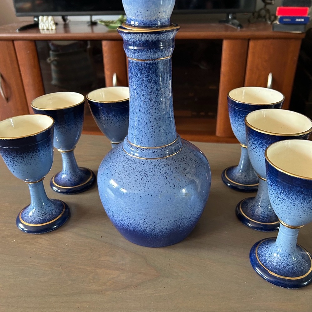 Blue Ceramic Decanter with Goblets